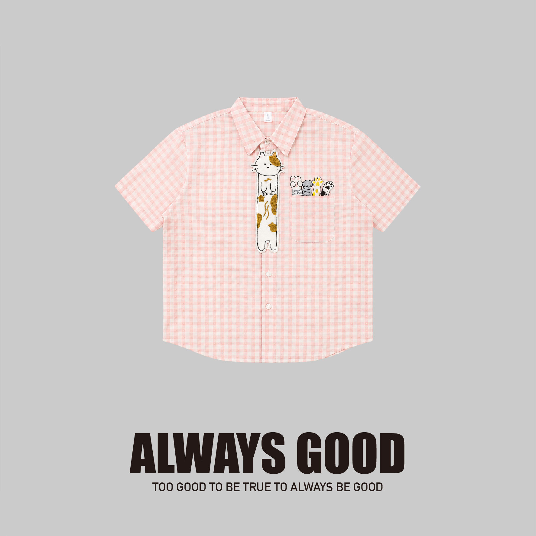 『Always_Good』貓咪領帶 口袋刺繡 格紋 短袖襯衫