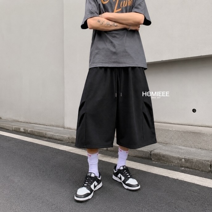 韓版 短褲 短棉褲 休閒短褲 棉褲 打摺 造型 彎刀 七分 闊腿