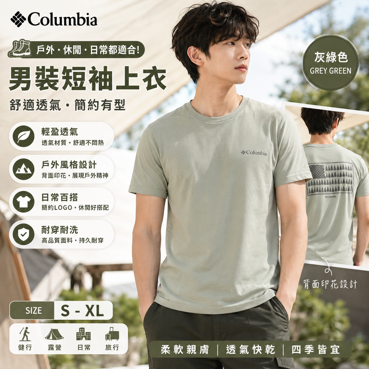 【預購】H061159 COLUMBIA 男裝休閒短袖上衣 (灰綠色)
