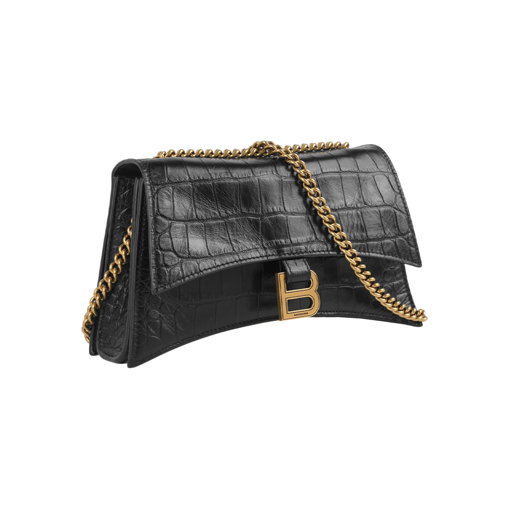 【Balenciaga】CRUSH XS 金釦牛皮壓鱷魚紋迷你二用包(黑色)