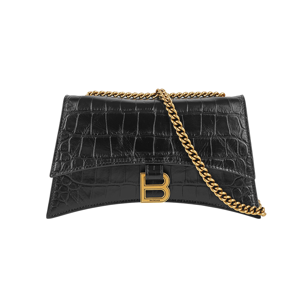 【Balenciaga】CRUSH XS 金釦牛皮壓鱷魚紋迷你二用包(黑色)