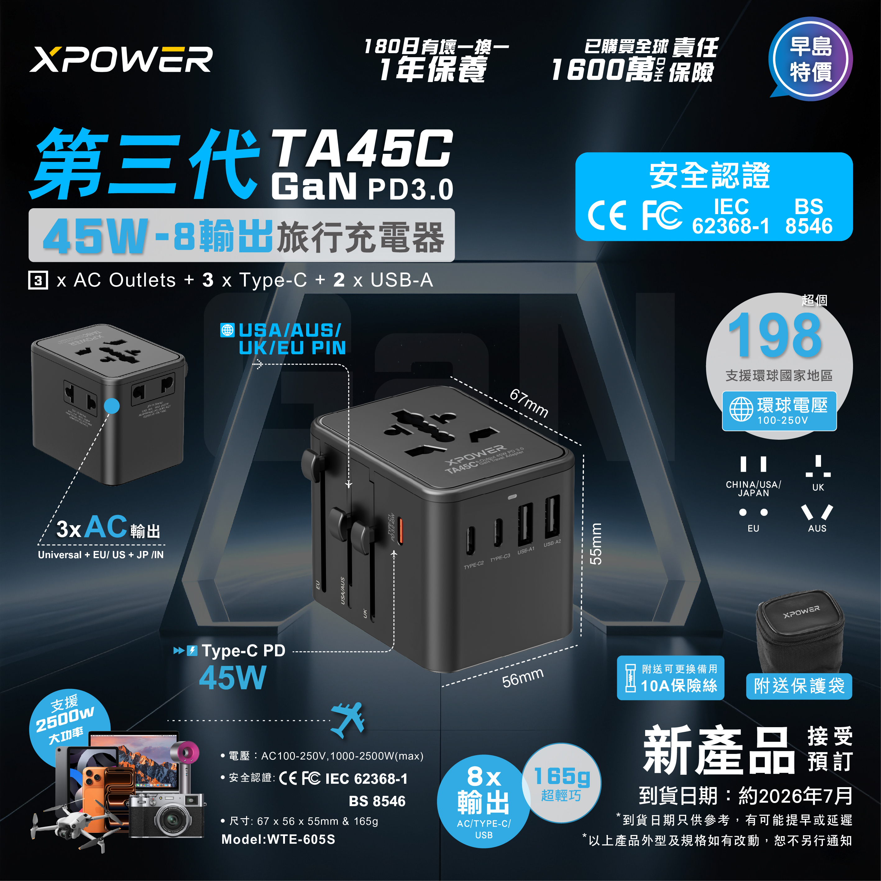 (預售產品)XPower 第三代 TA45C 8輸出PD3.0 45W GaN旅行充電器