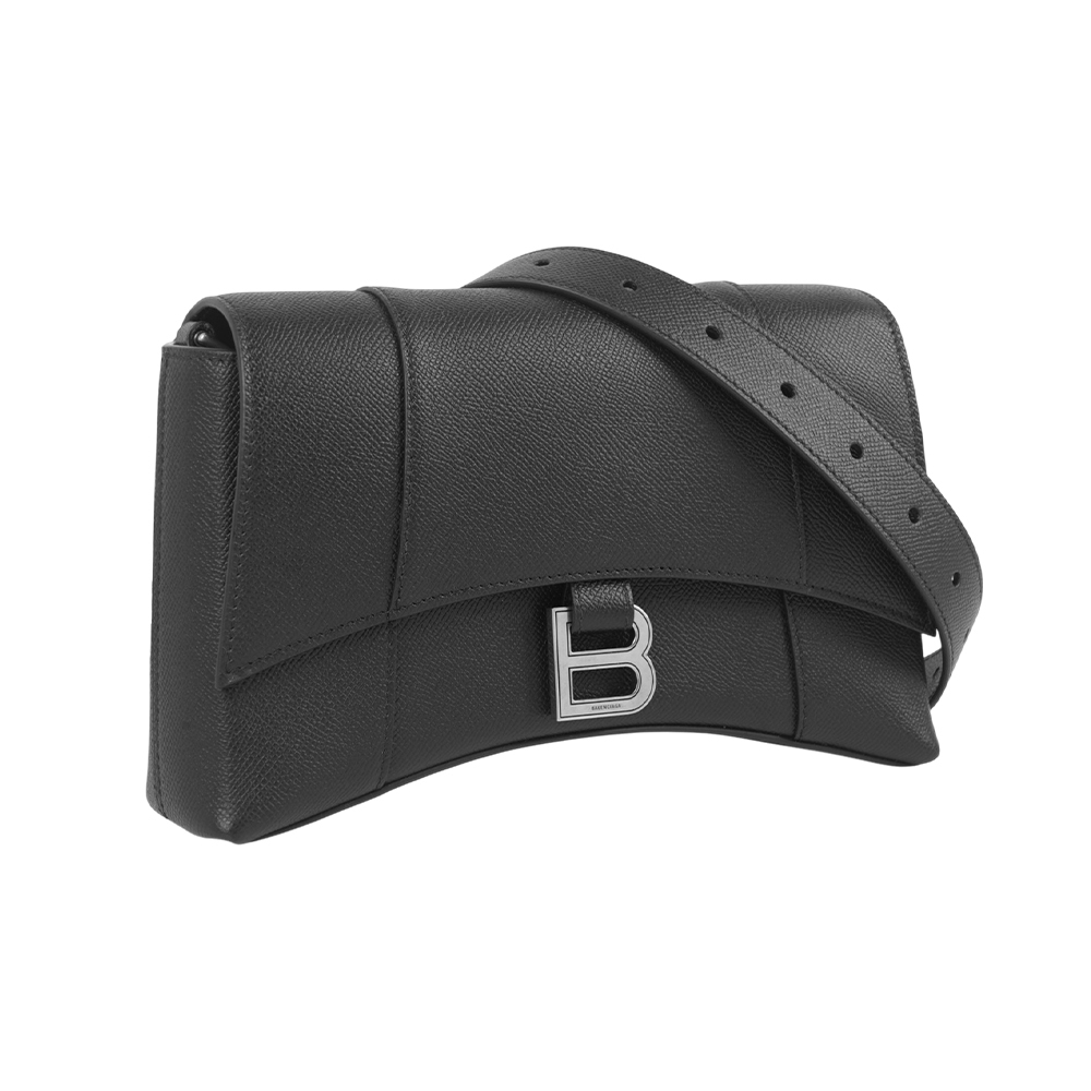 【Balenciaga】Downtown XS 粒紋牛皮翻蓋斜背包(黑色)