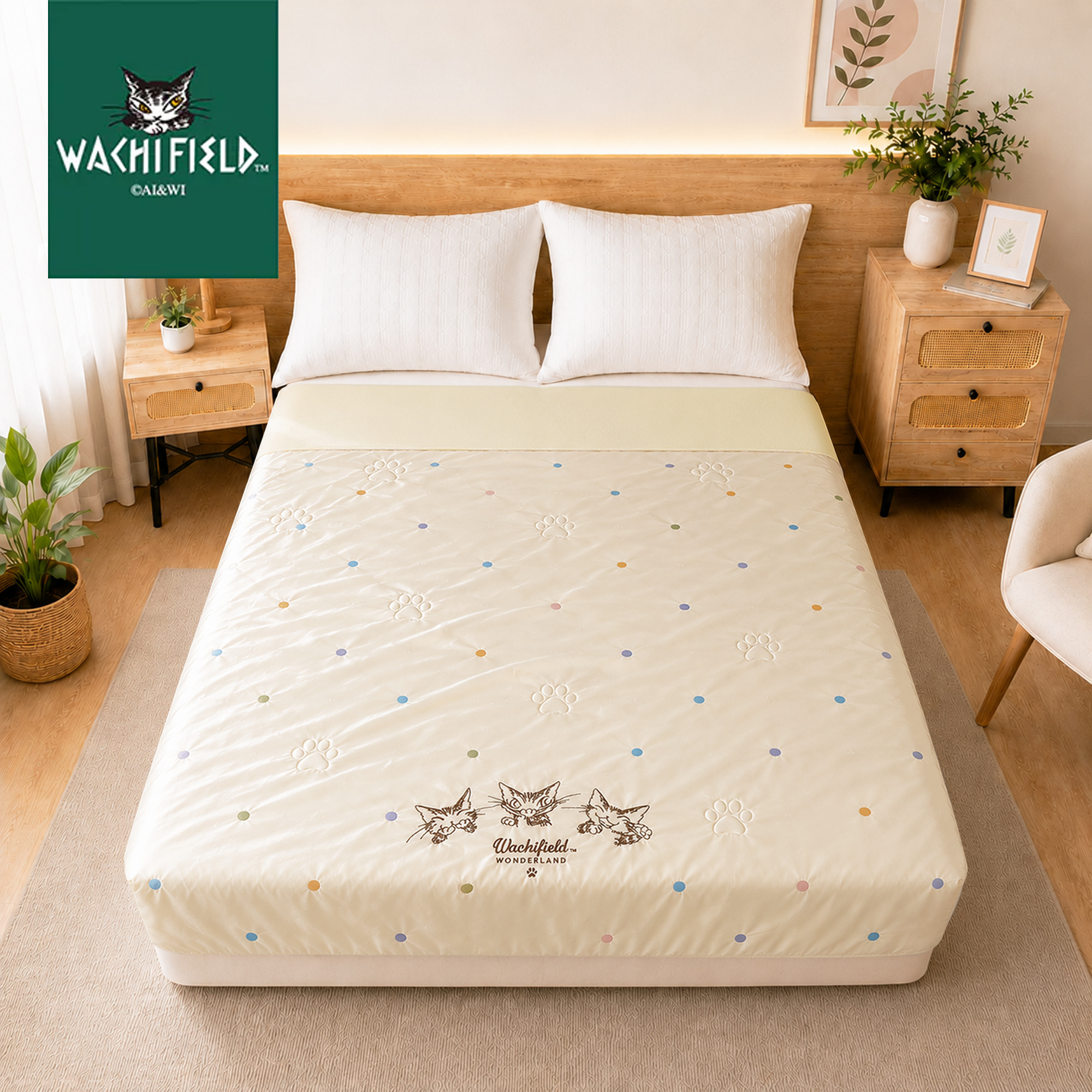 【新品】【Wachifield 正版】達洋貓繡花涼感被 150x200cm｜瓦奇菲爾德「歡樂笑容」天絲針織速涼夏被 (88%涼感纖維、貓掌衍縫、可機洗)