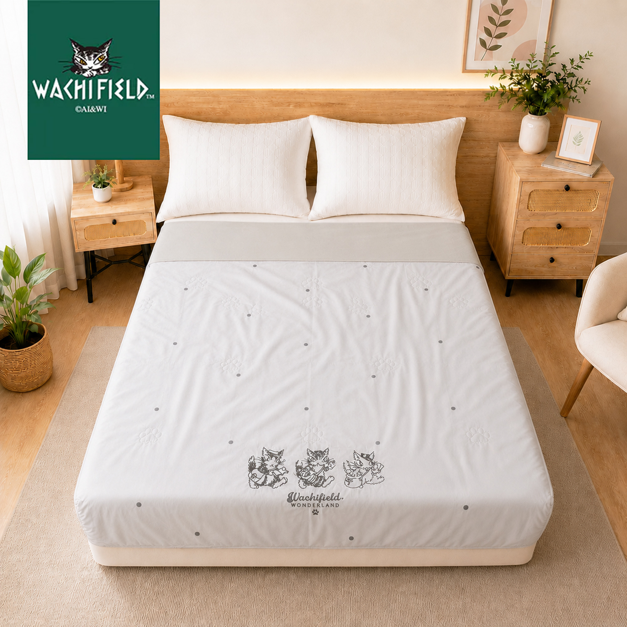 【新品】【Wachifield 正版】達洋貓繡花涼感被 150x200cm｜瓦奇菲爾德「送信摟」天絲針織速涼夏被 (88%涼感纖維、貓掌衍縫、可機洗)