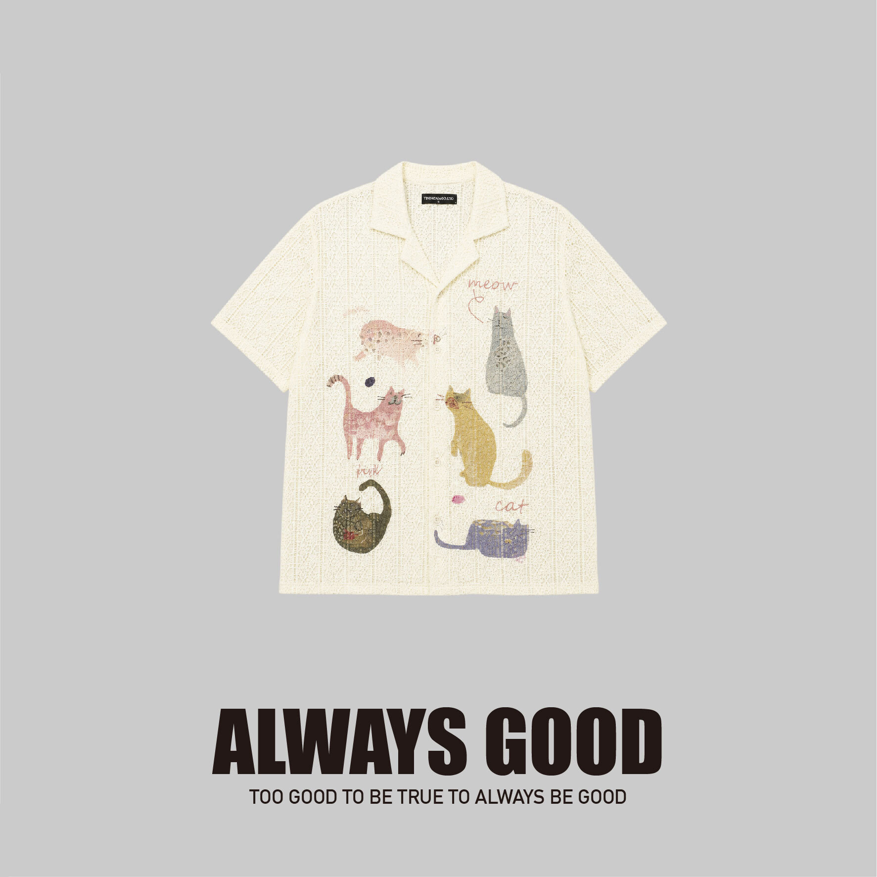 『Always_Good』貓咪印花 針織 縷空 開襟 短袖襯衫