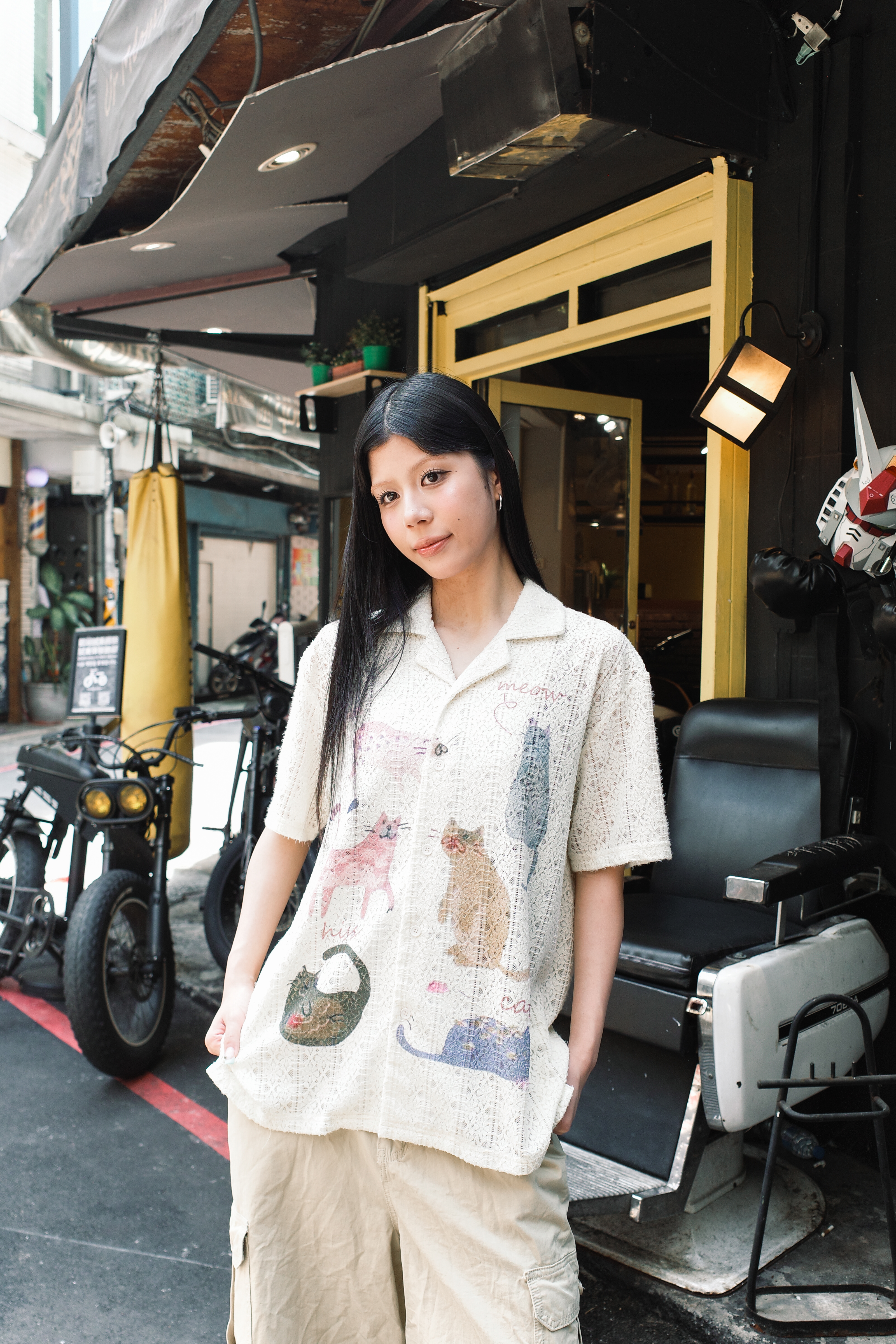『Always_Good』貓咪印花 針織 縷空 開襟 短袖襯衫