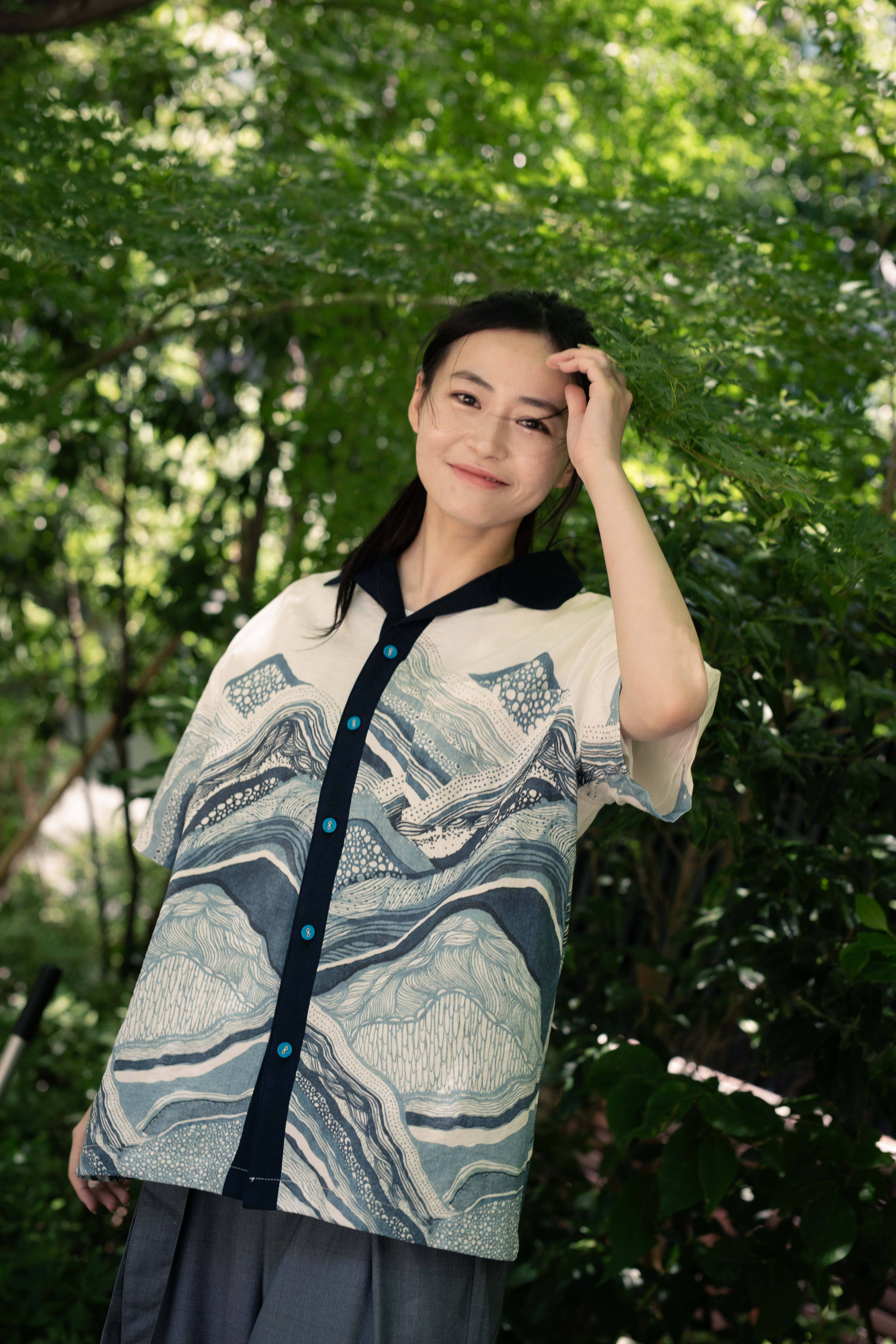 Kyoto Stroll Linen Wave Print Shirt | White｜Hong Kong Original Design