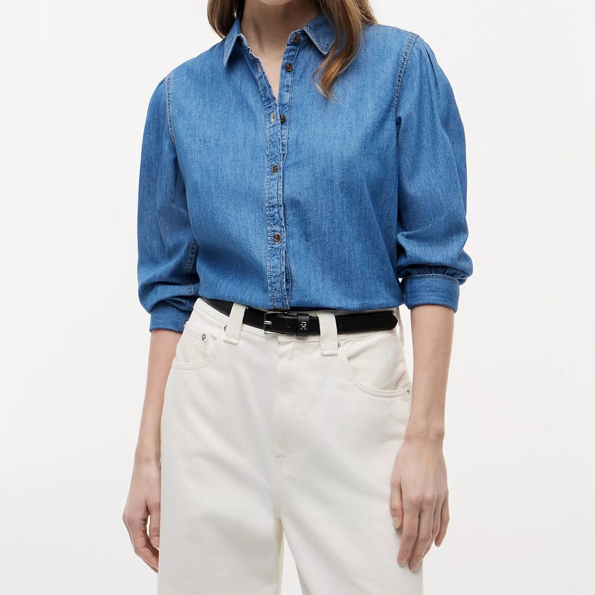 [S] TOMMY HILFIGER MEDIUM WASH PUFF SLEEVE CHAMBRAY SHIRT, XW06359-900 (STH1688)