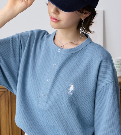 【Luxury】 U.S. POLO ASSN.日本獨家聯名刺繡華夫格亨利領T桖 多色可選 素面上衣 女款