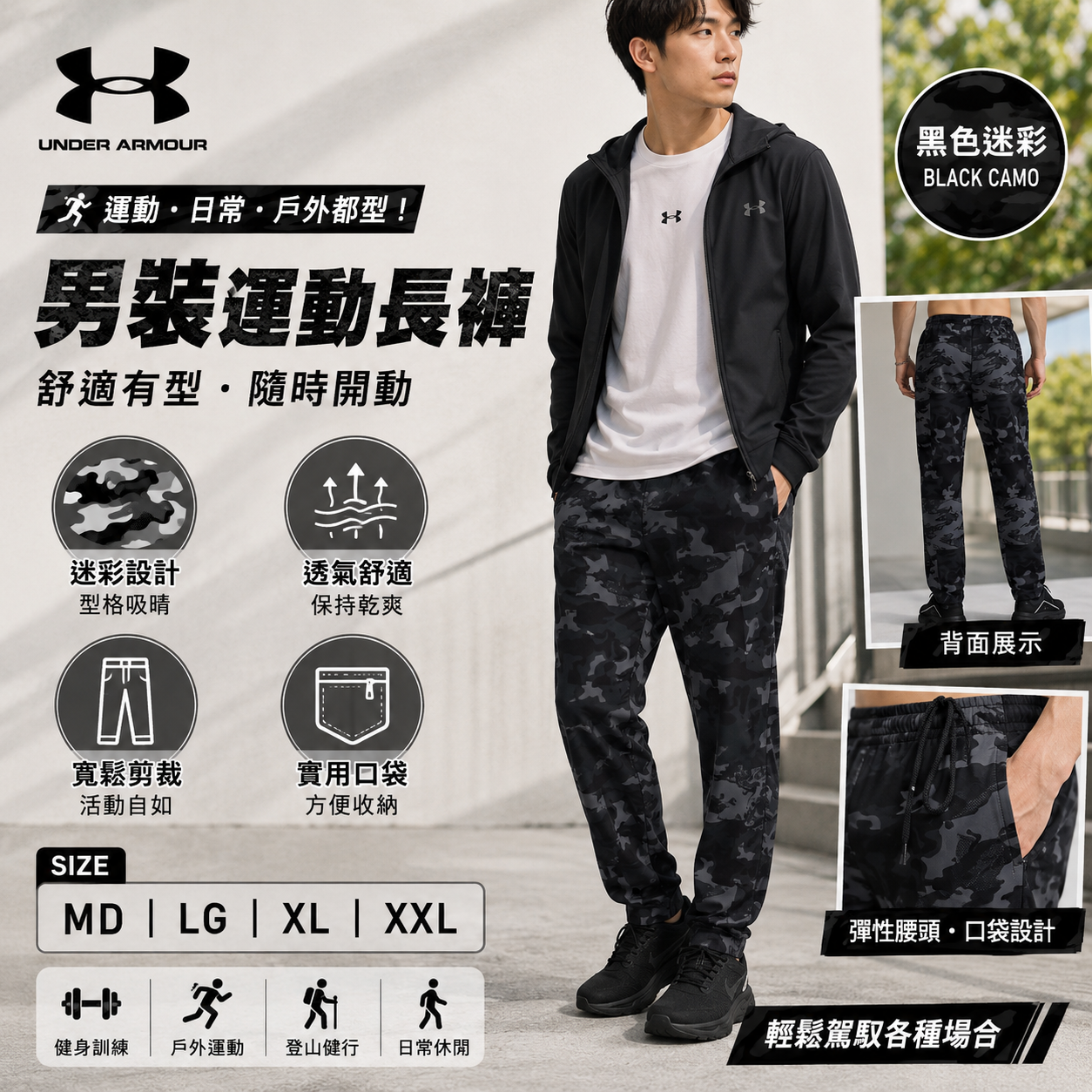 【預購】H061172 UNDER ARMOUR 男裝迷彩運動長褲 (黑色)