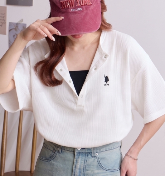 【Luxury】 U.S. POLO ASSN.日本獨家聯名刺繡華夫格亨利領T桖 多色可選 素面上衣 女款