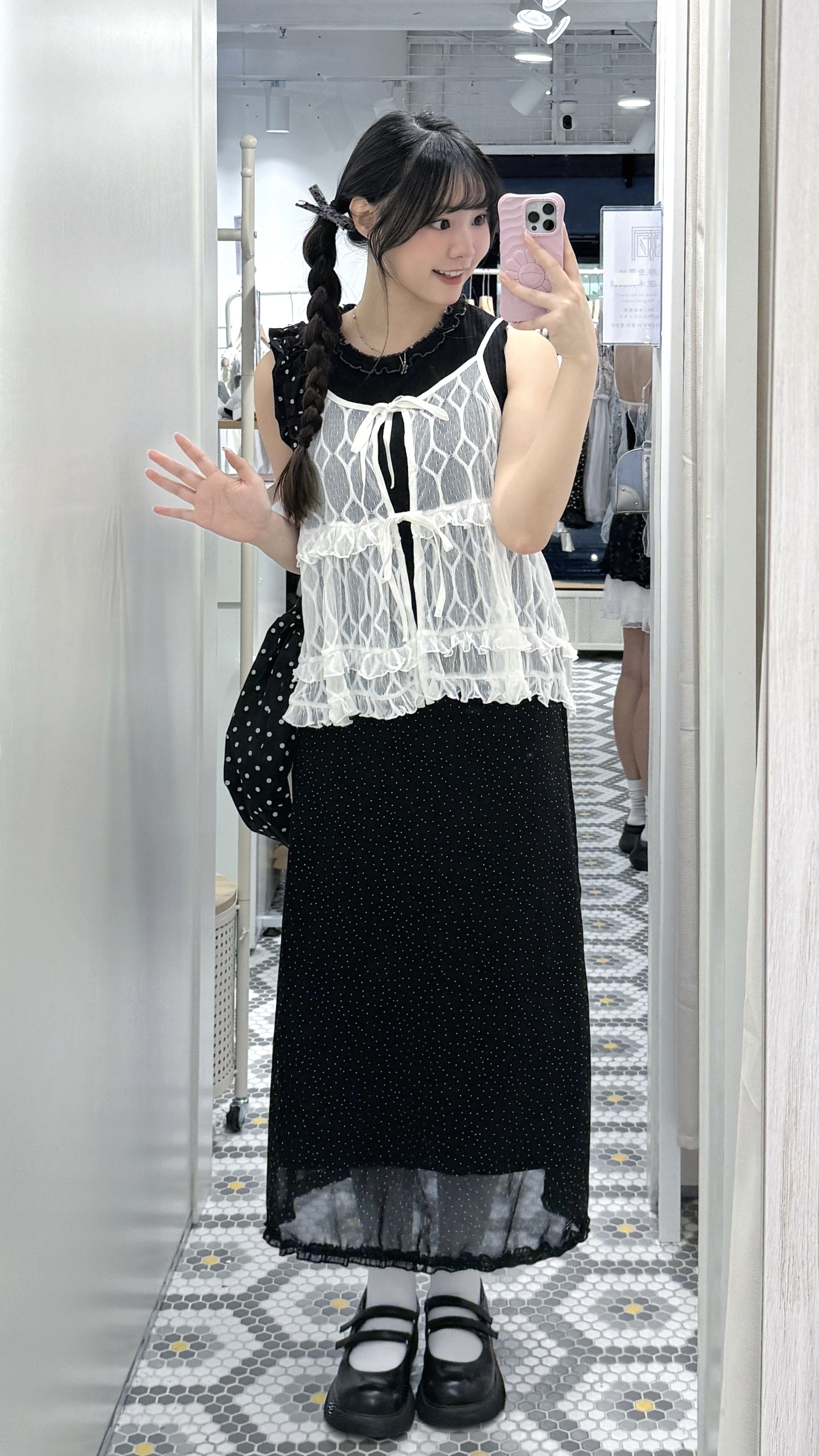 EA1307｜圓菱格Double Ruffle垂感雙綁帶吊帶外搭.°•