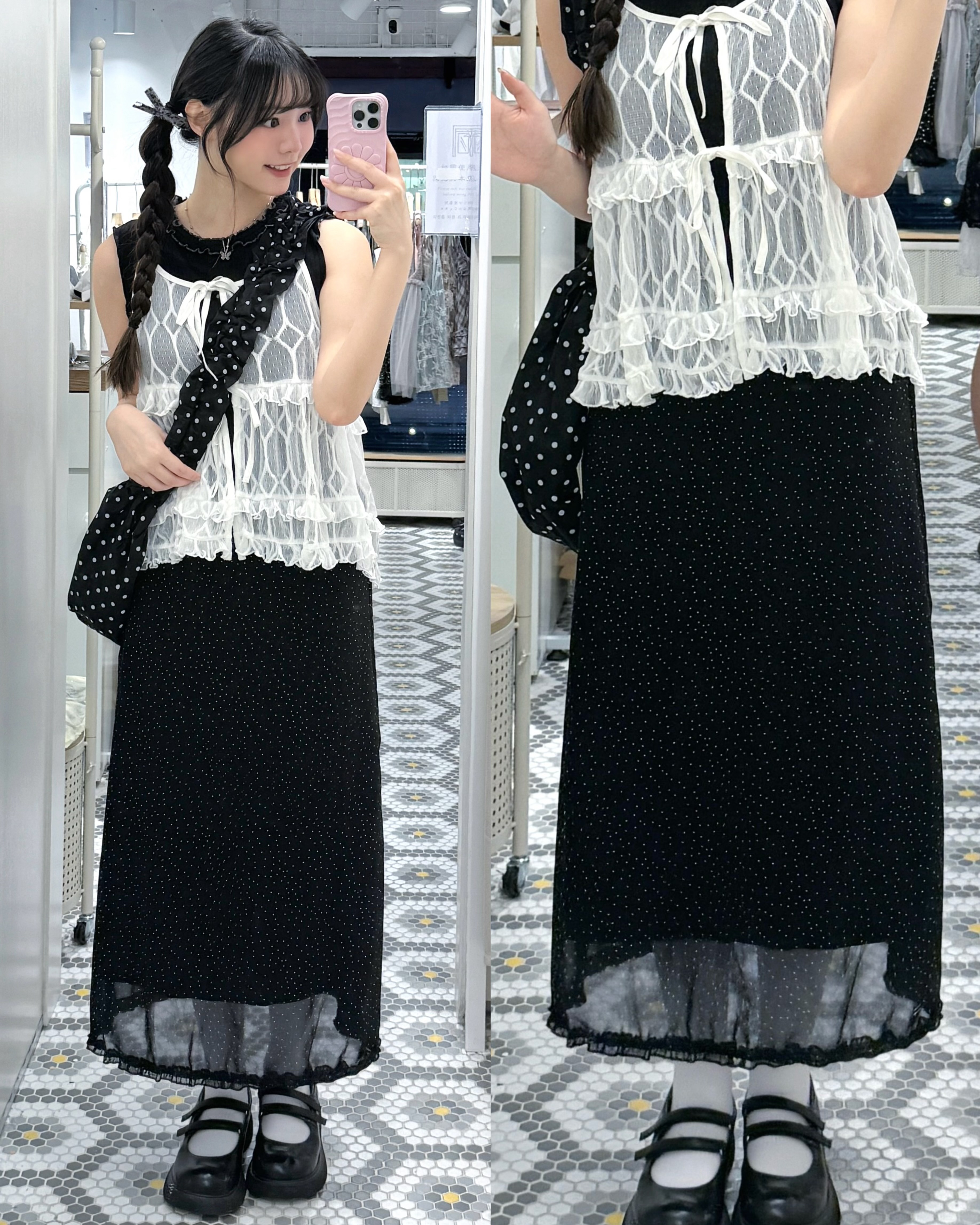 D0620｜日系斯文涼感薄薄波點ruffle邊長裙 ˖ ݁♬⋆.˚𝄞