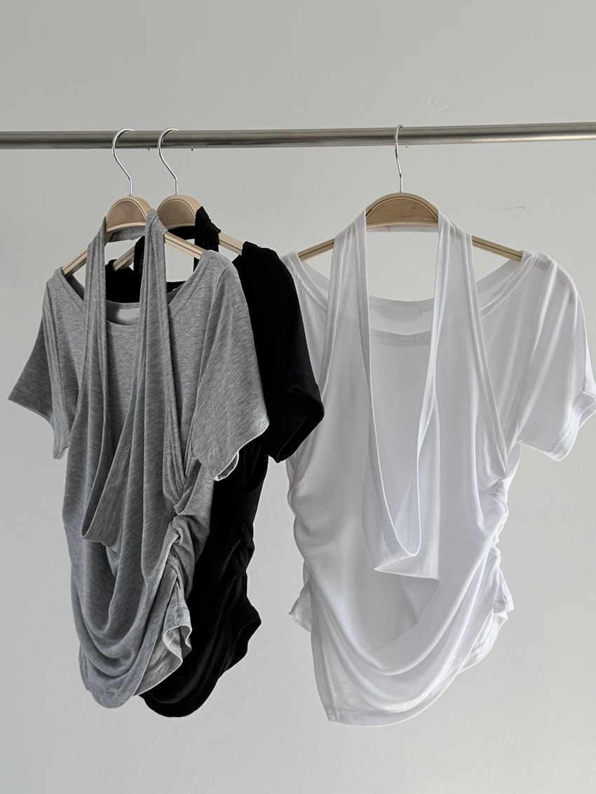 asym hem double-layer halter wide-neck top