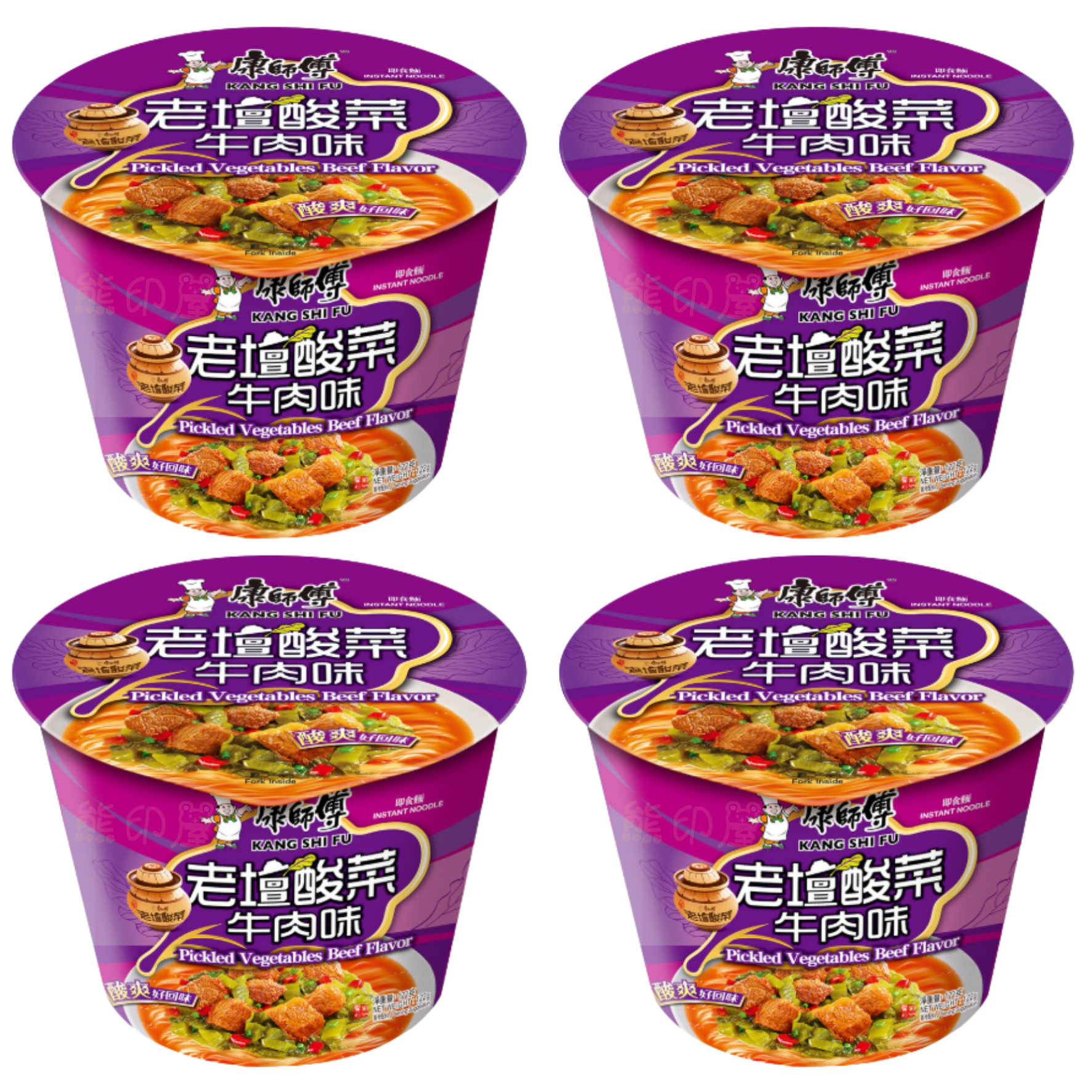 康師傅 酸菜牛肉味即食碗麵 122G X 4 (紫)