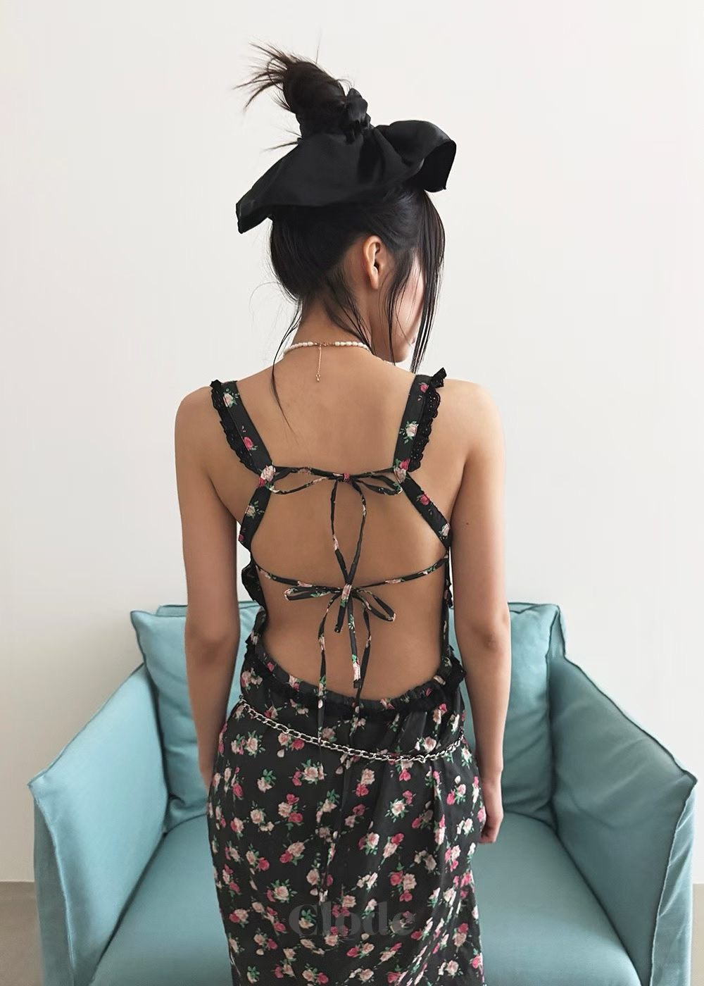 玫瑰花背綁挖空長洋裝