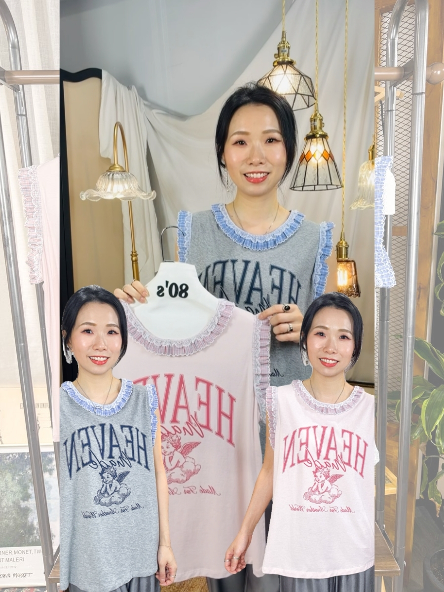 【多買多優惠】領位 夾位 格仔 LACE RUFFLE邊．英文字PRINT．COTTON料TOP【不設退換】