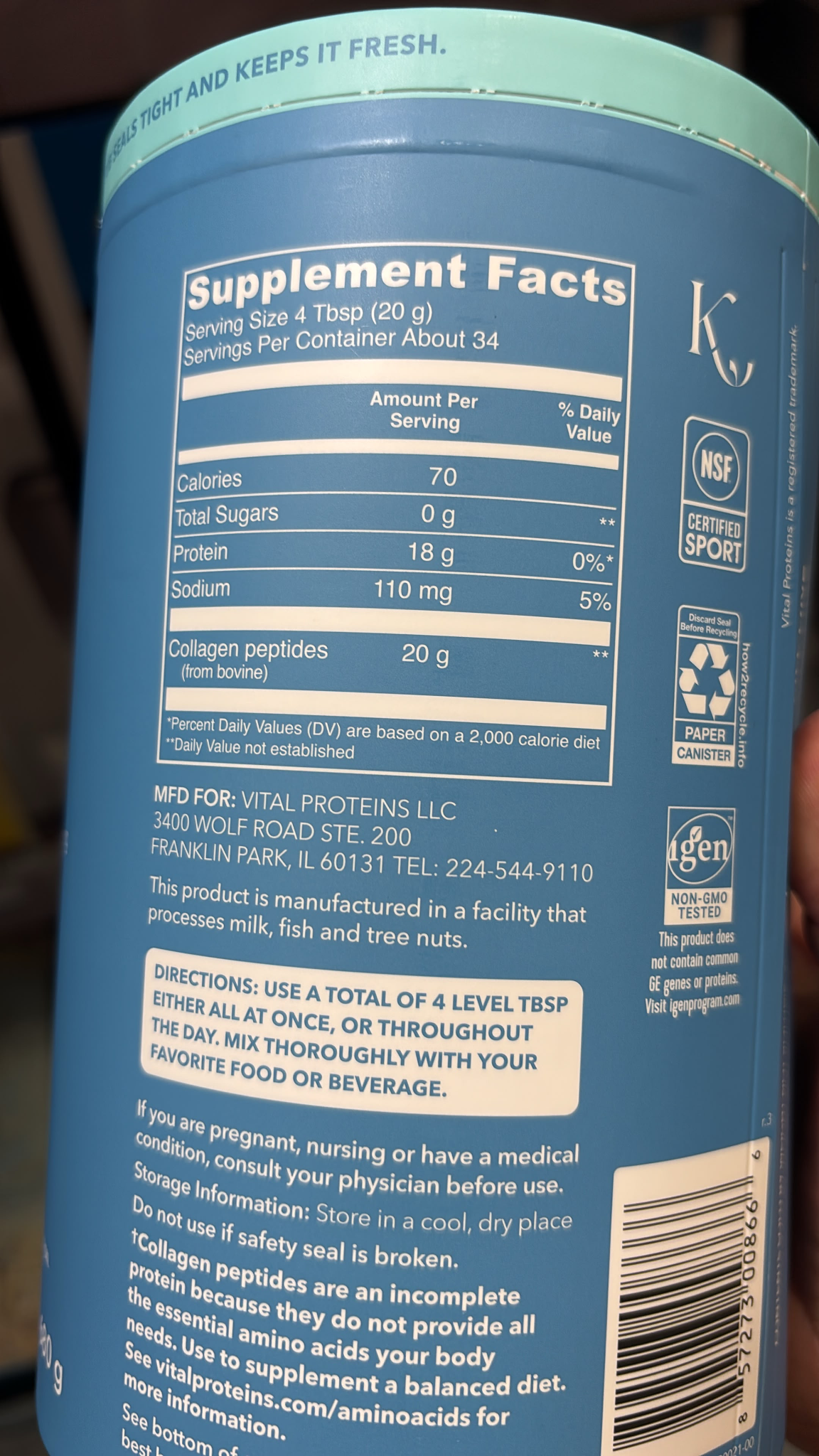 BC192 Vital Proteins 藍罐原味水解膠原蛋白肽粉24OZ EXP:2029.03