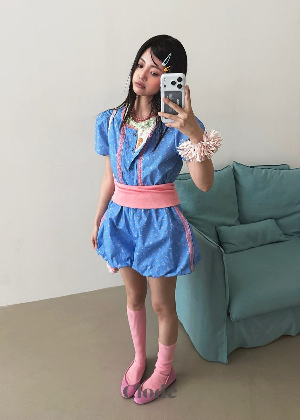 公主袖印花撞色蕾絲邊襯衫