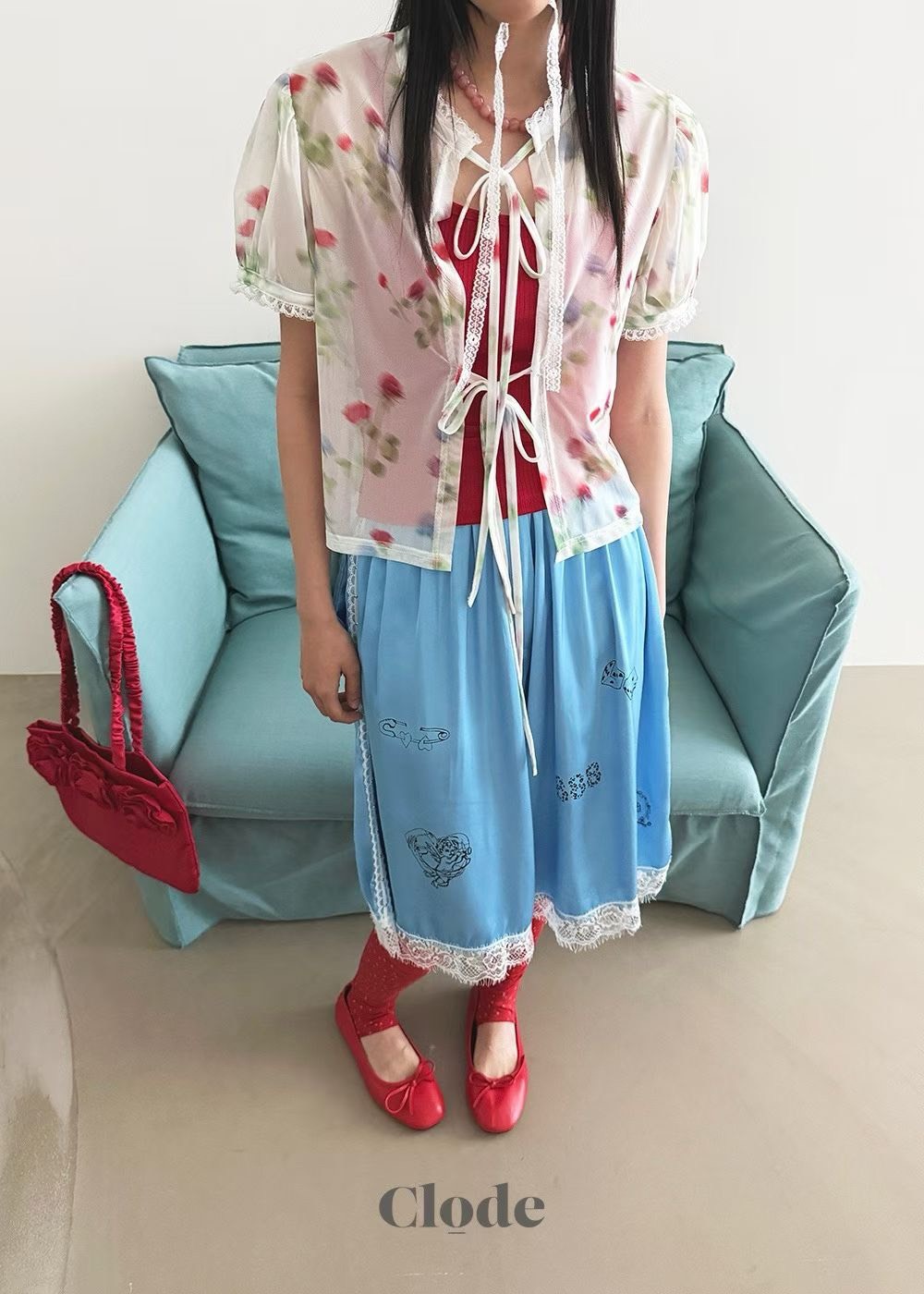花朵紗綁帶開襟襯衫