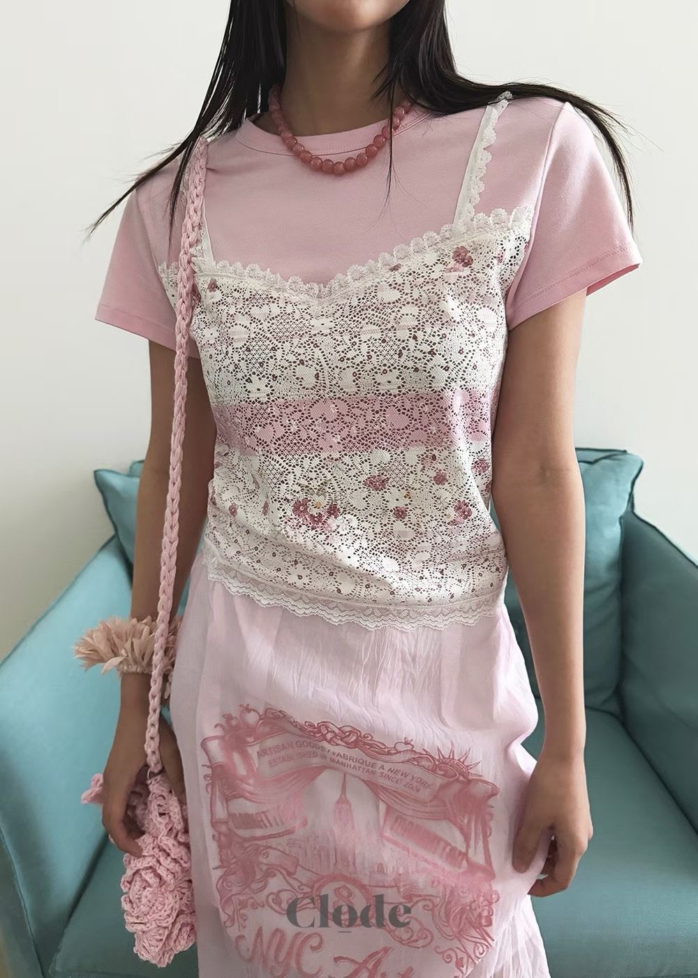 蕾絲吊帶假兩件T