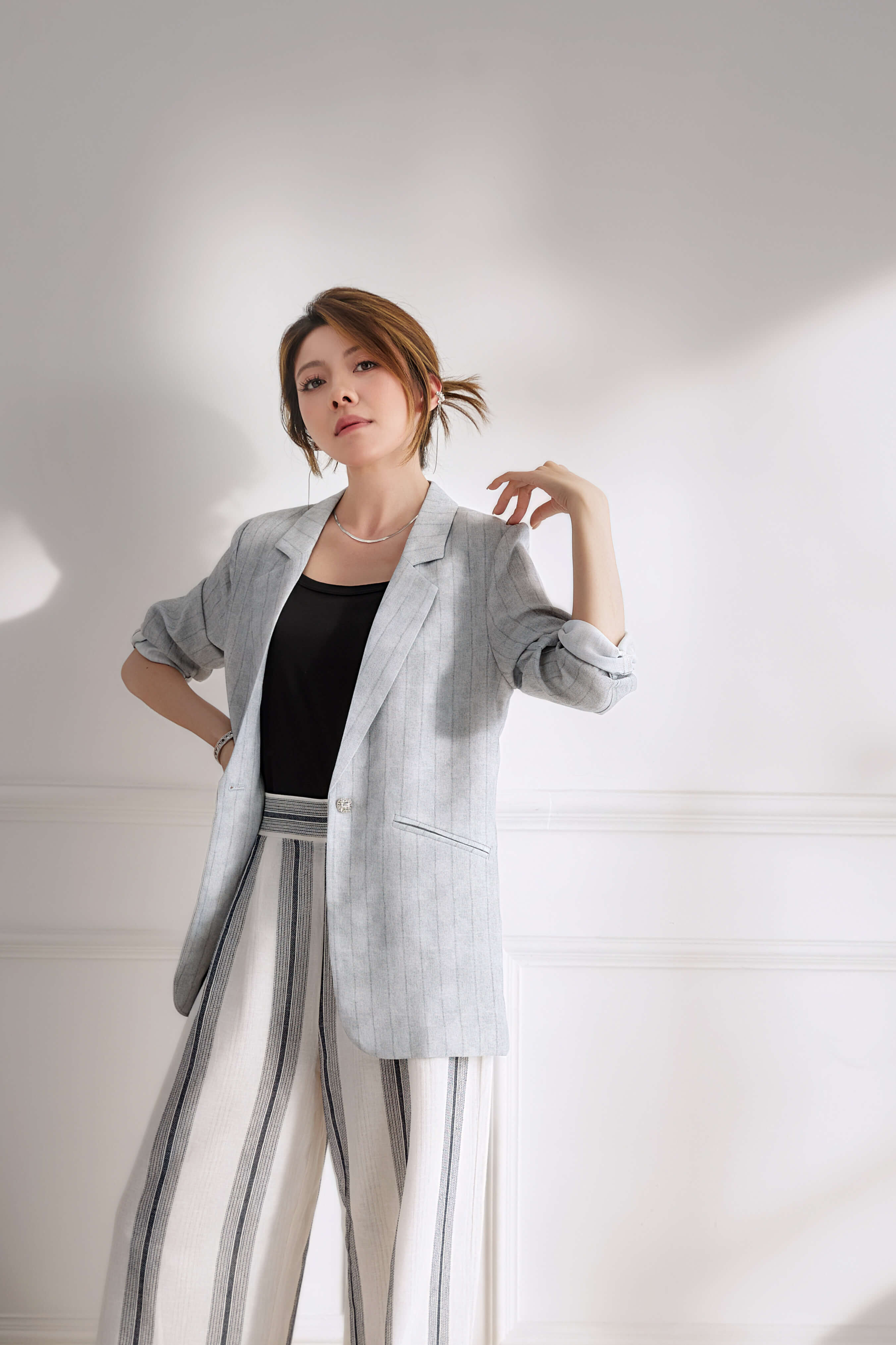 Linen Single-Breasted 3/4 Sleeve Blazer_BZ266L07