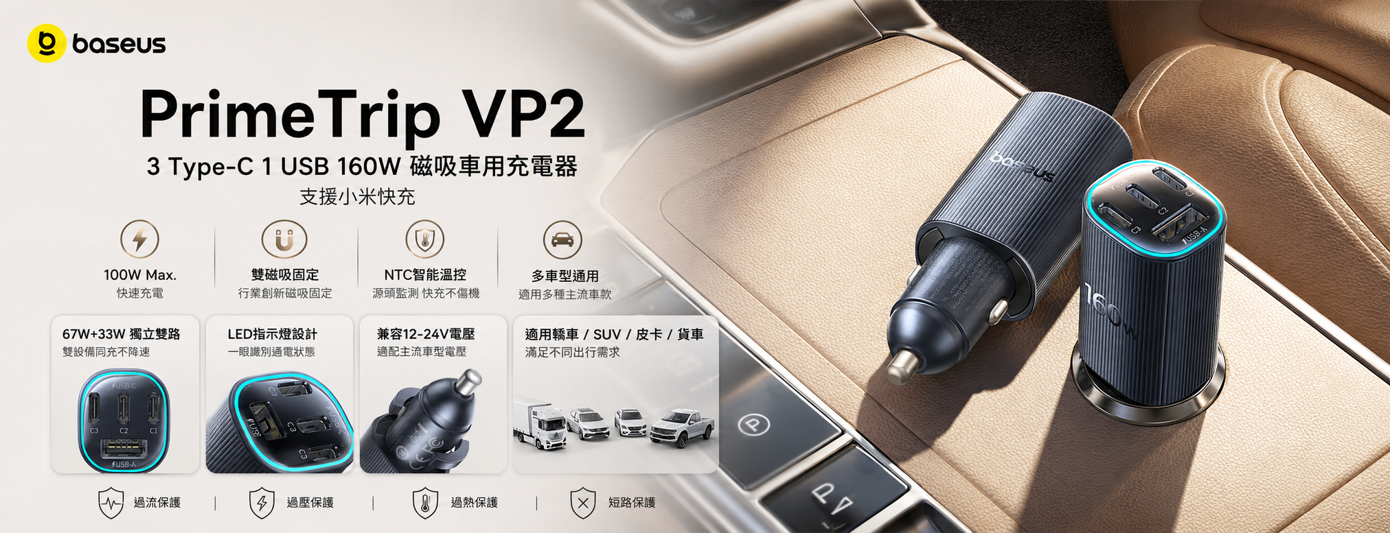 Baseus PrimeTrip VP2 160W 滿血快充磁吸車充