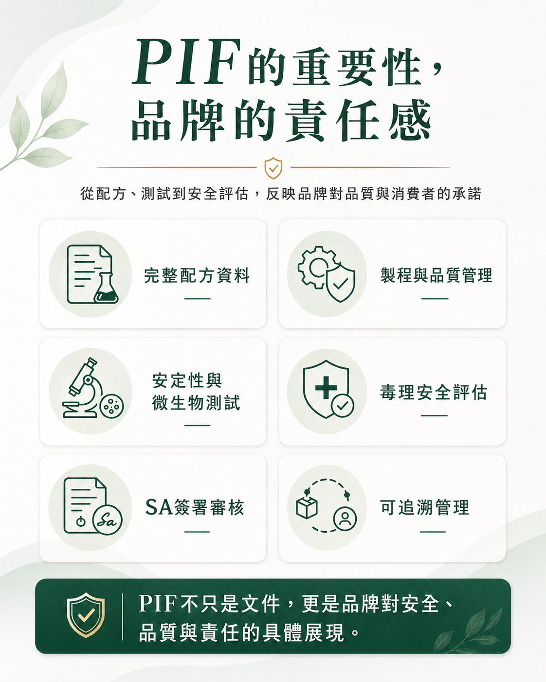 PIF 的重要性圖示，包含完整配方資料、製程與品質管理、安定性與微生物測試、毒理安全評估、SA簽署審核、可追溯管理