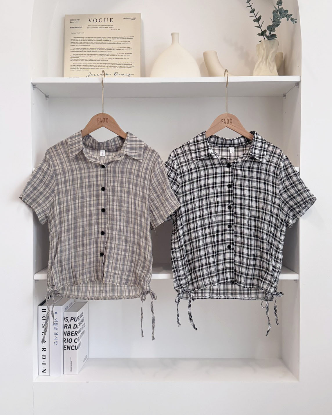 法朵Fado shop｜韓系復古格紋抽繩短袖襯衫 3725015 兩色