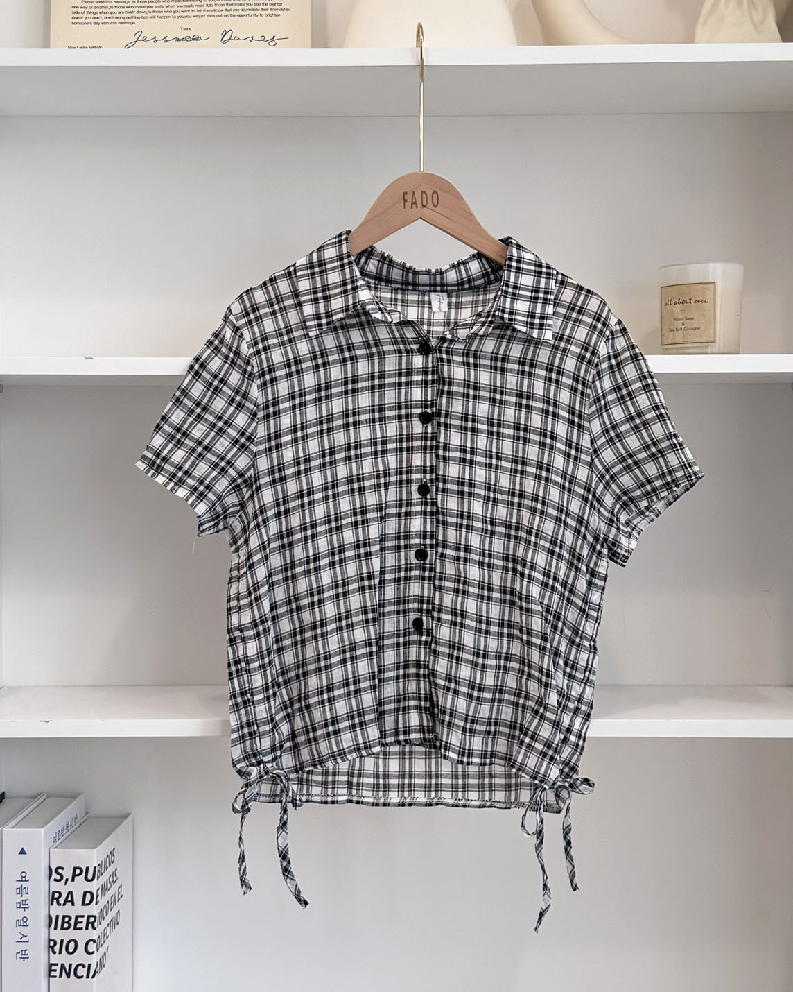 法朵Fado shop｜韓系復古格紋抽繩短袖襯衫 3725015 兩色