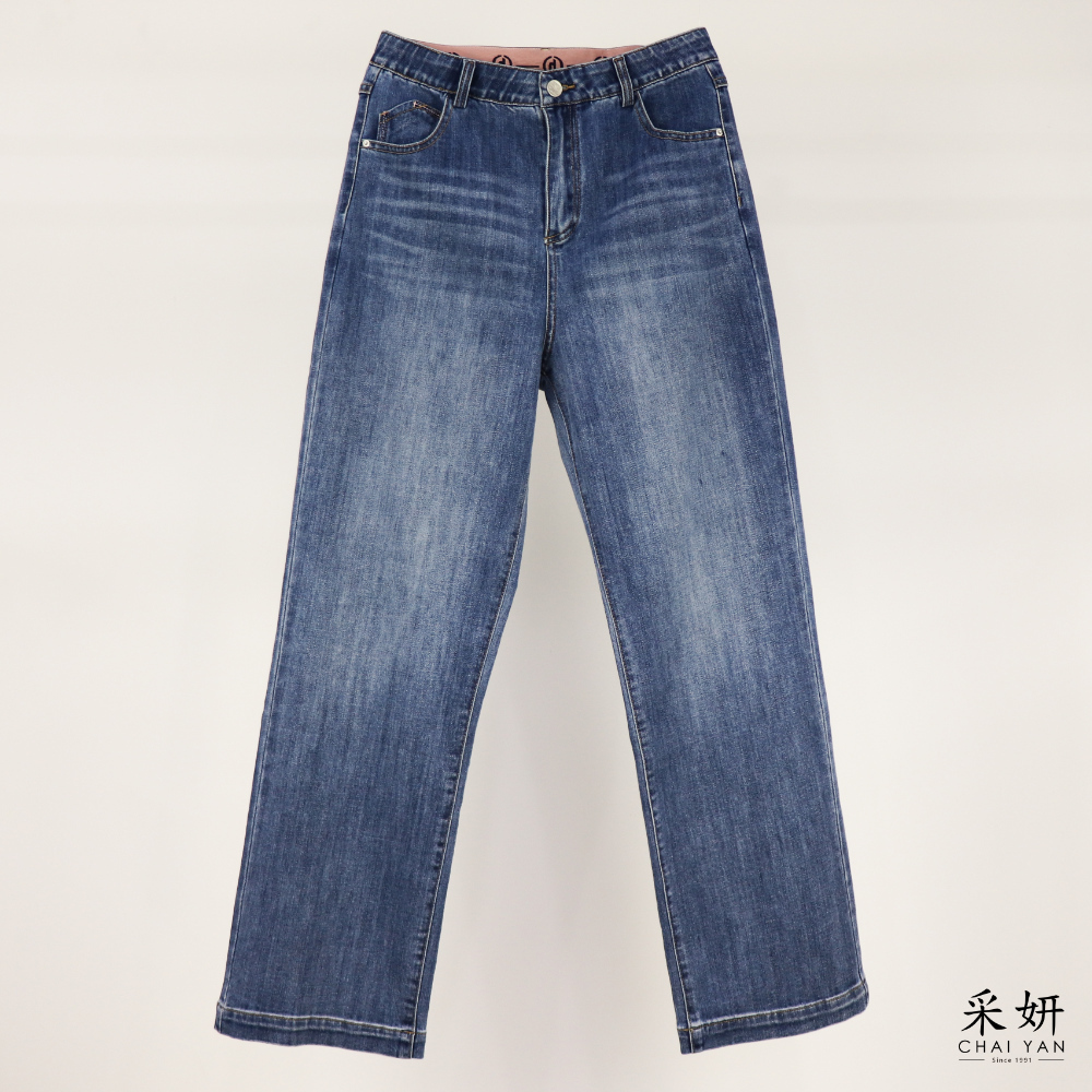 粉跳色字母直筒牛仔褲