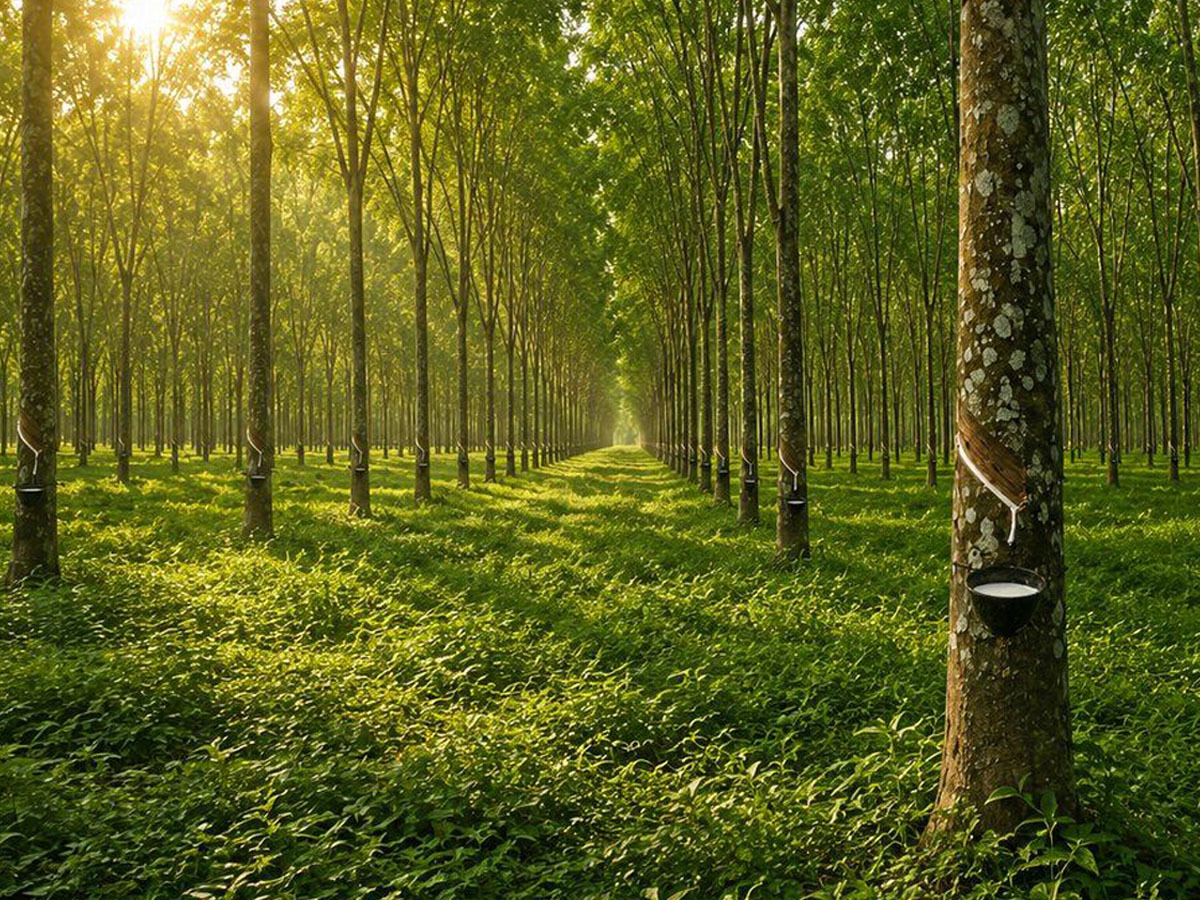 橡膠樹林實景：井然有序的橡膠樹排列、陽光穿過樹冠灑落，樹幹上掛著採集乳膠汁的容器，呈現永續採膠的自然景象