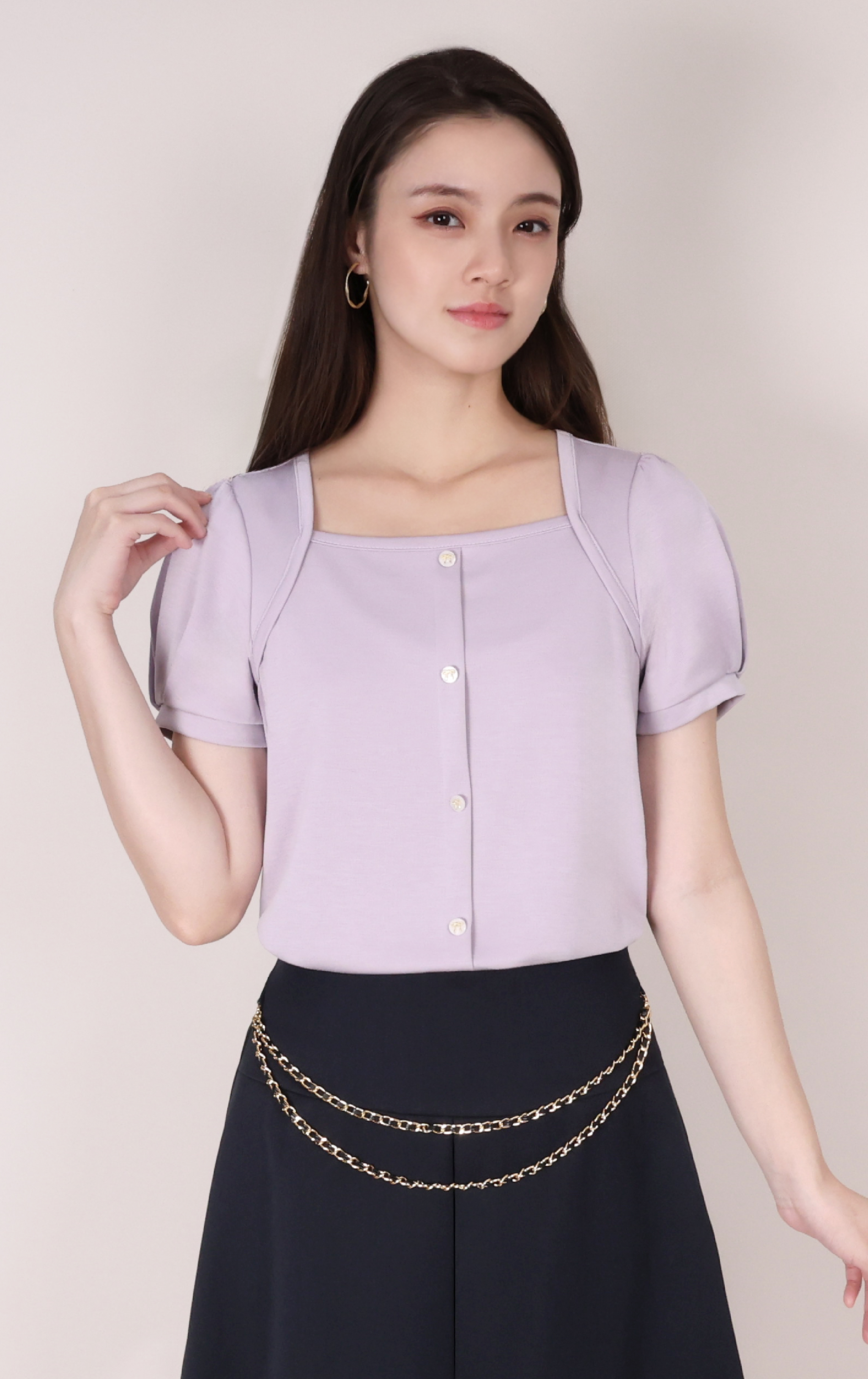 Gathered Sleeve Square Neck Buttoned Top ST0906