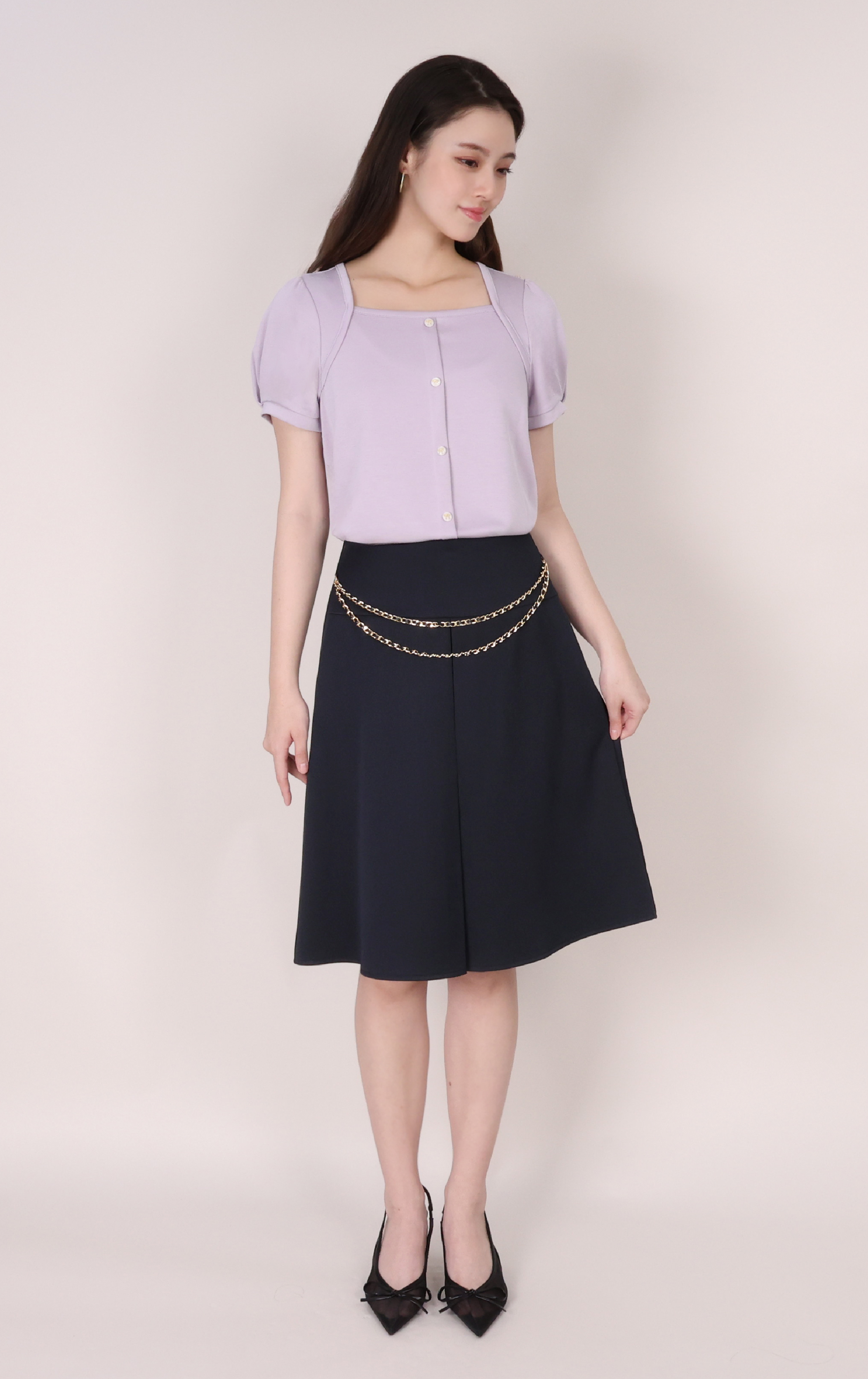 Gathered Sleeve Square Neck Buttoned Top ST0906