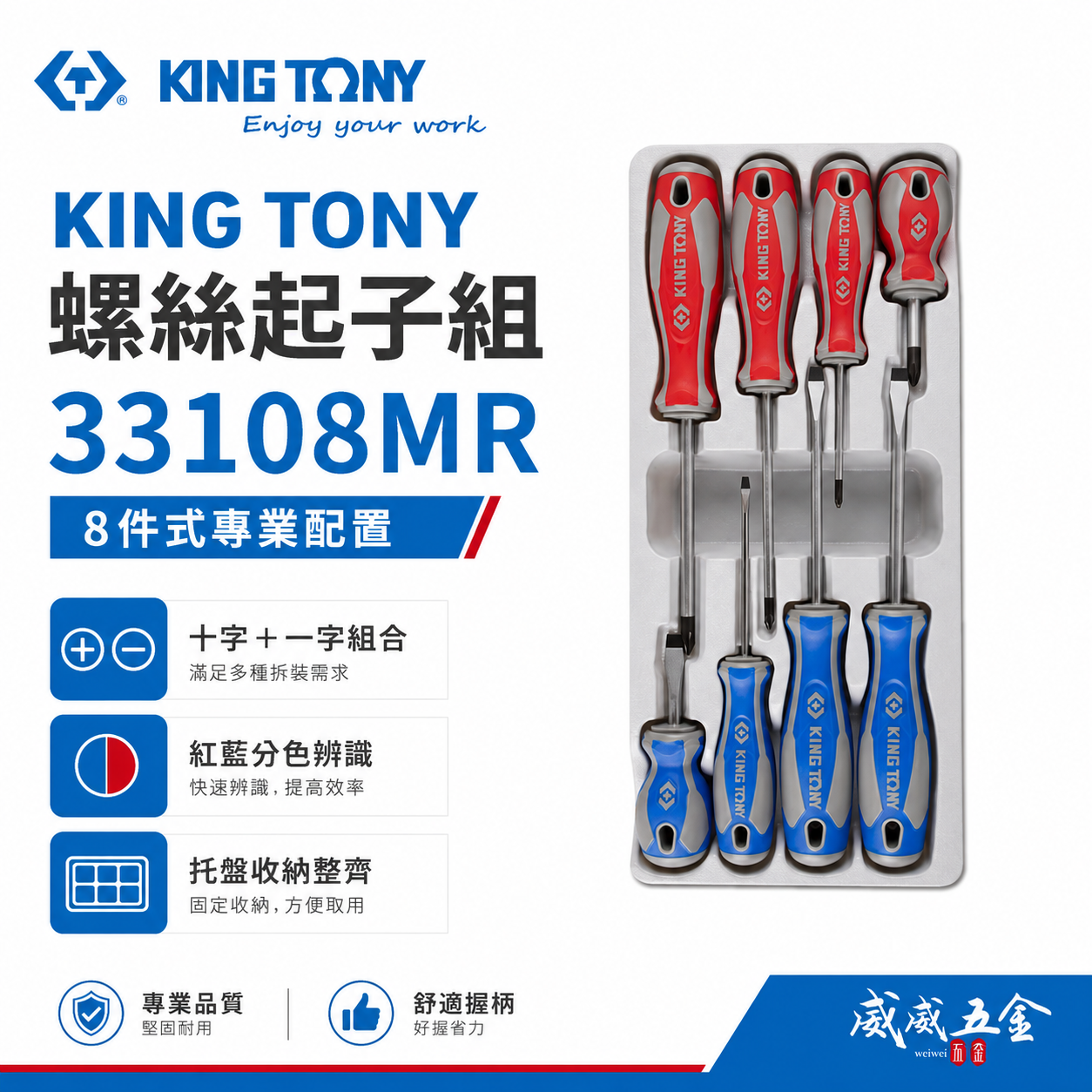 KING TONY 金統立 台灣製｜綜合螺絲起子 8支組 膠柄起子組 十字 一字起子 8件式｜33108MR