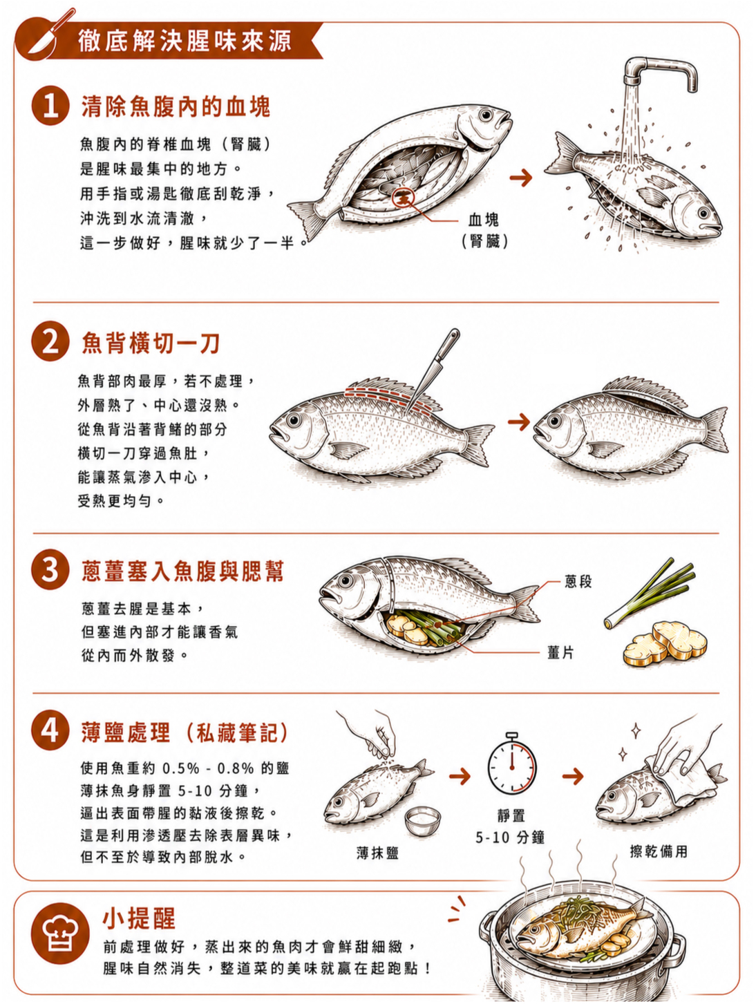 清蒸魚前處理：徹底刮除魚腹脊椎血塊，魚背切刀提升熱傳導