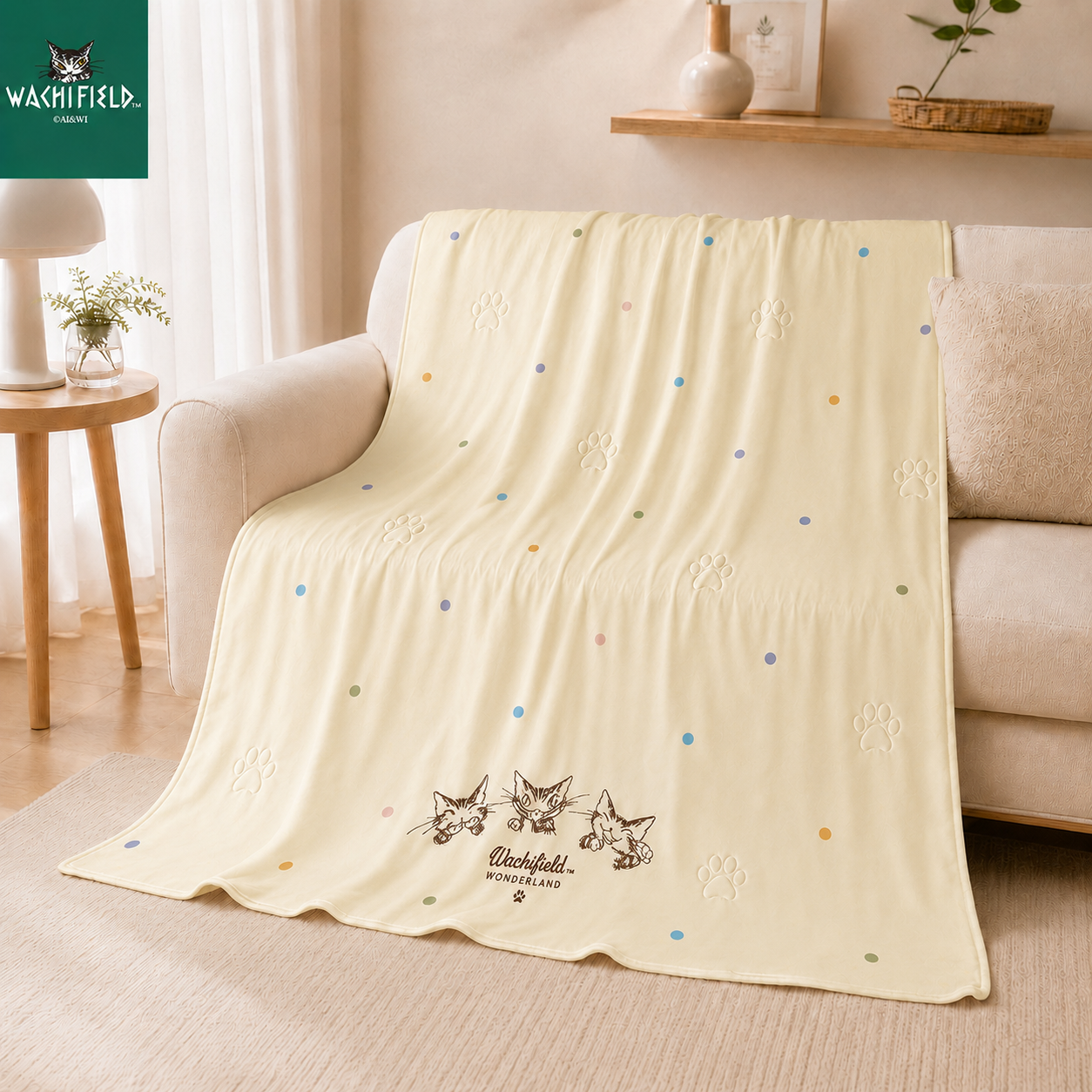 【新品】【Wachifield 正版】達洋貓繡花涼感被 150x200cm｜瓦奇菲爾德「歡樂笑容」天絲針織速涼夏被 (88%涼感纖維、貓掌衍縫、可機洗)