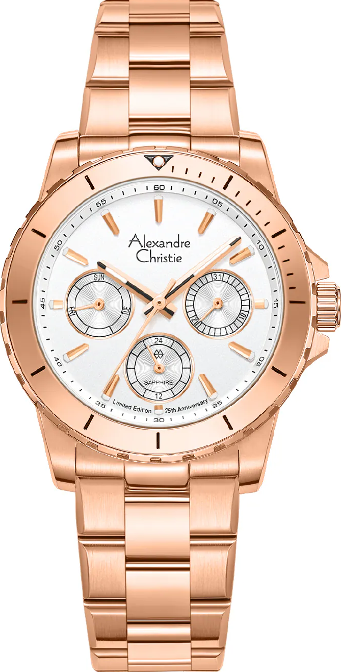 萬年鐘錶 - Alexandre Christie  玫瑰金三眼優雅女錶 6141XXVBRGSL 錶徑35MM  (AC 錶)
