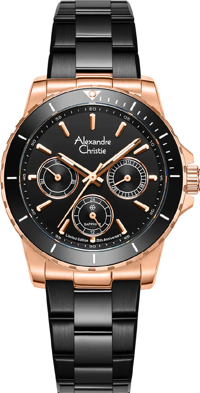 萬年鐘錶 - Alexandre Christie  全黑搭配玫瑰金錶殼三眼優雅女錶 6141XXVBBRBA 錶徑35MM  (AC 錶)