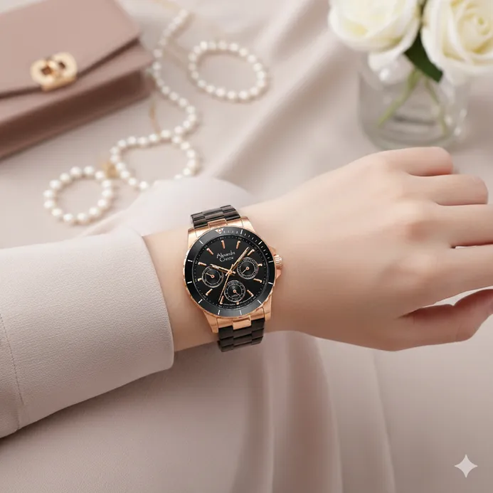 萬年鐘錶 - Alexandre Christie  全黑搭配玫瑰金錶殼三眼優雅女錶 6141XXVBBRBA 錶徑35MM  (AC 錶)