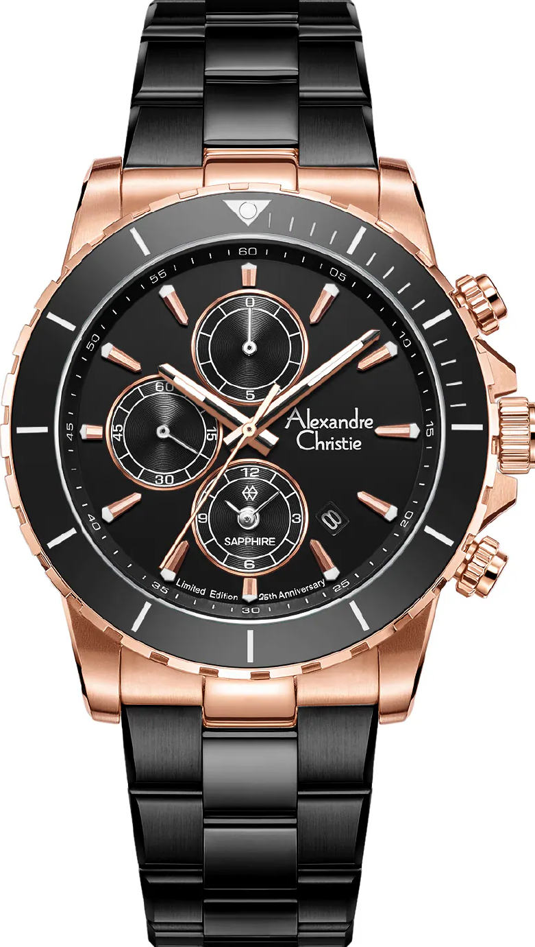 萬年鐘錶 - Alexandre Christie  全黑玫瑰金框三眼質感休閒男錶 6141XXVMBRBA 錶徑42MM  (AC 錶)