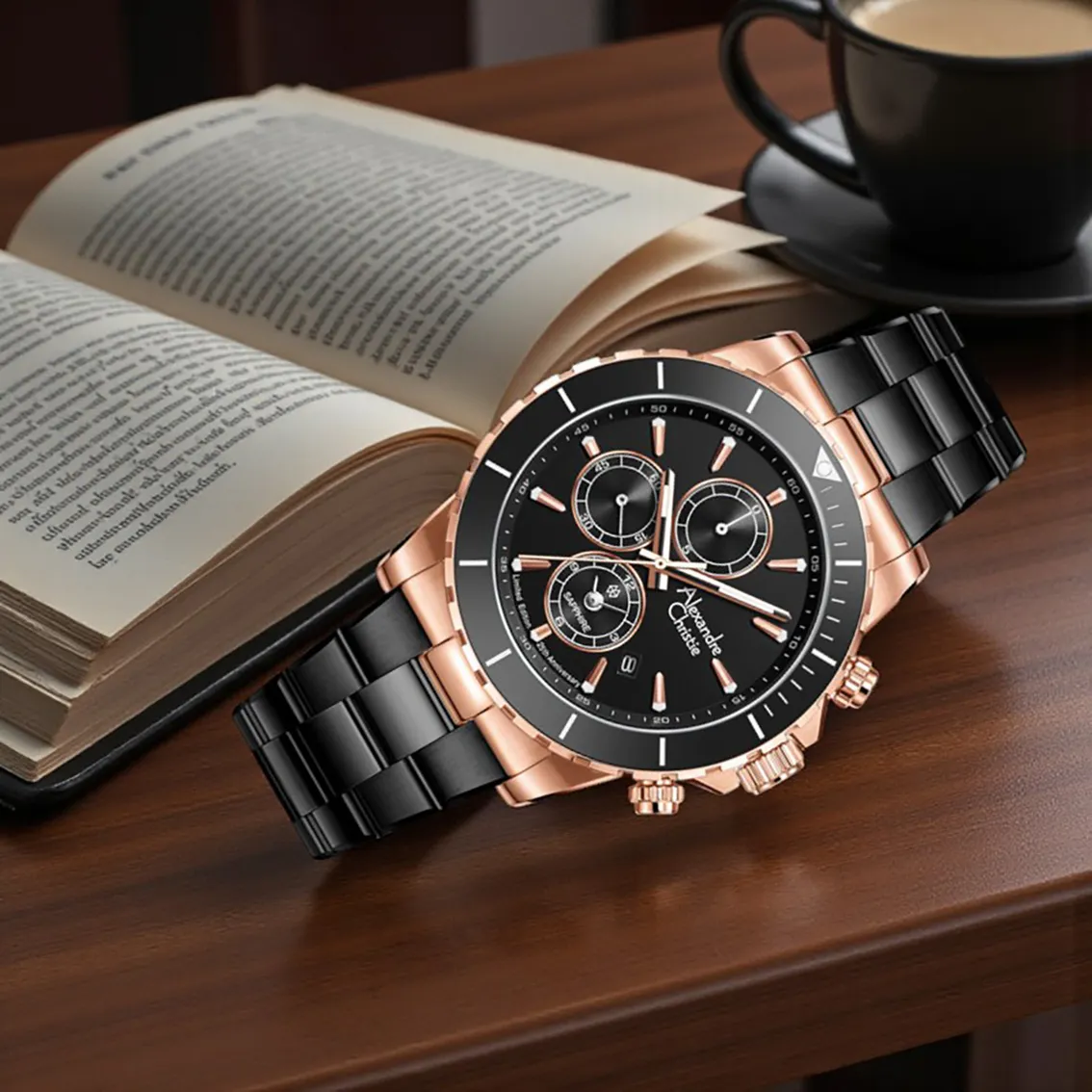 萬年鐘錶 - Alexandre Christie  全黑玫瑰金框三眼質感休閒男錶 6141XXVMBRBA 錶徑42MM  (AC 錶)