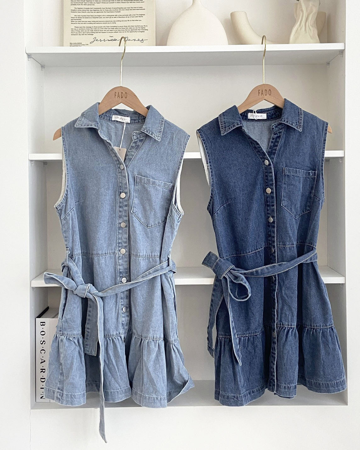 法朵Fado shop｜修身綁帶排釦牛仔背心洋裝 6525002 兩色