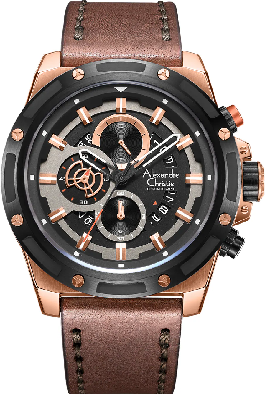 萬年鐘錶 - Alexandre Christie  6506MC系列   細膩三眼計時皮革男錶 6506MCLBRBA 錶徑47MM