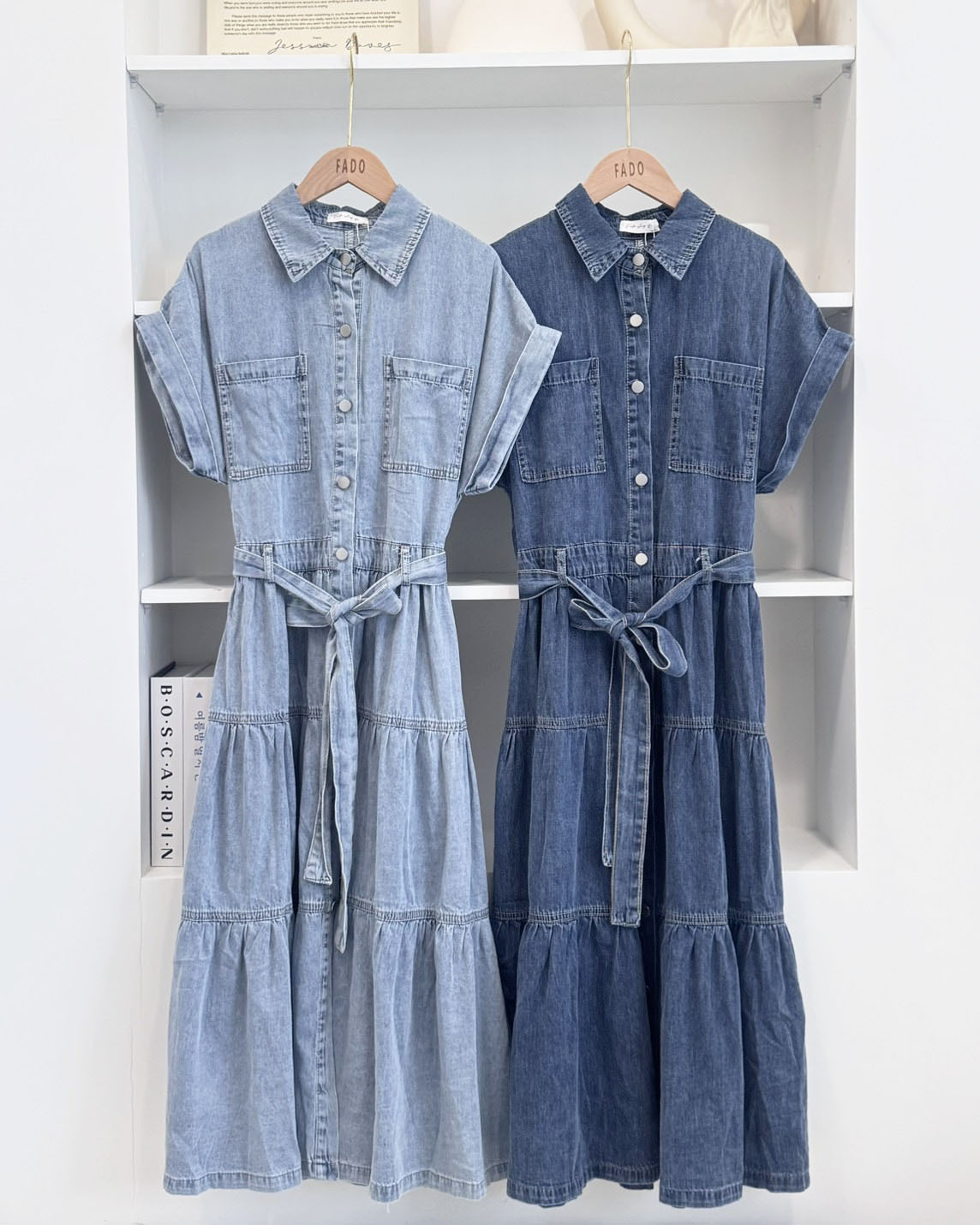 法朵Fado shop｜修身綁帶丹寧蛋糕長洋裝 6545001 兩色