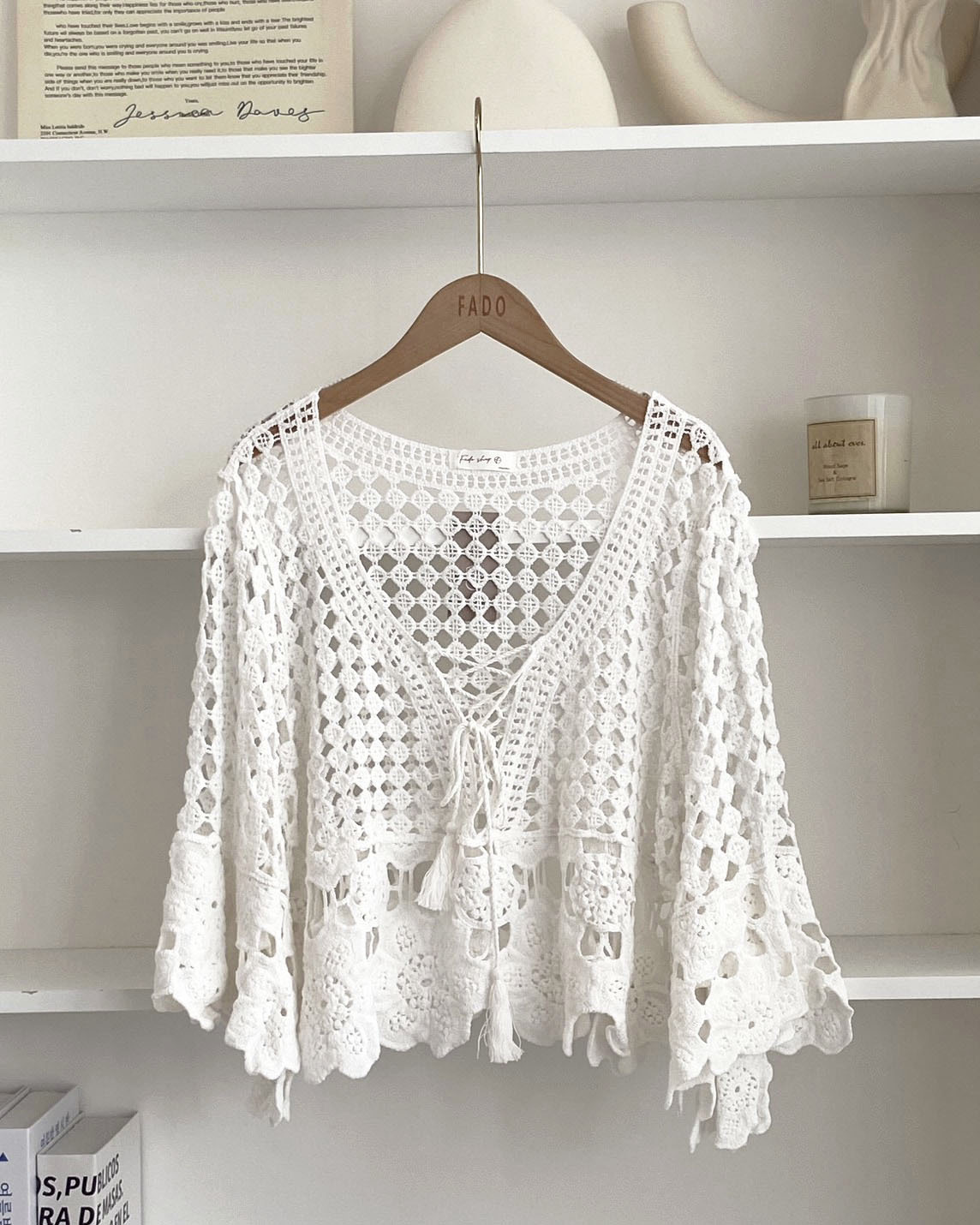 法朵Fado shop｜鏤空格紋綁帶流蘇針織衫 8115001 兩色
