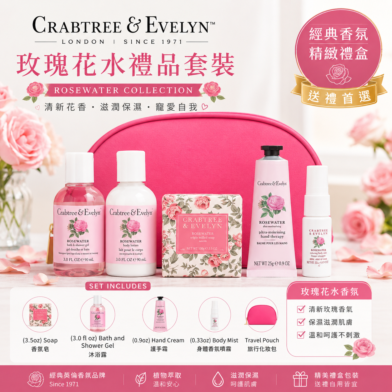 【預購】H061233 CRABTREE & EVELYN 玫瑰花水沐浴護膚套裝 (5件裝）