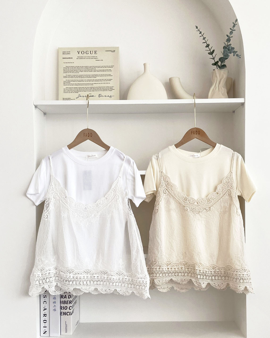 法朵Fado shop｜ 甜美層次款🌸細針織蕾絲背心＋素T 兩件套 9165003 兩色