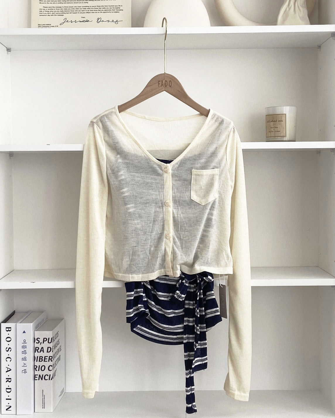 法朵Fado shop｜下擺綁帶條紋背心＋V領坑條排釦罩衫兩件套 9265007 兩色